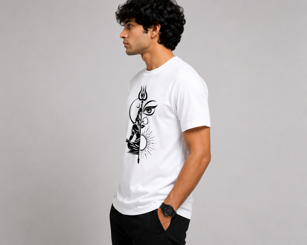 Half Shiva Minimal Graphic T-Shirt | Premium Unisex Cotton Tee | White | ShelfSmart