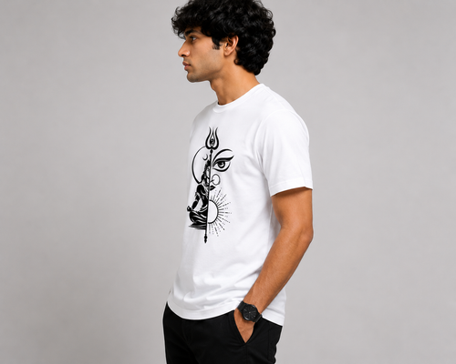 Half Shiva Minimal Graphic T-Shirt | Premium Unisex Cotton Tee | White | ShelfSmart
