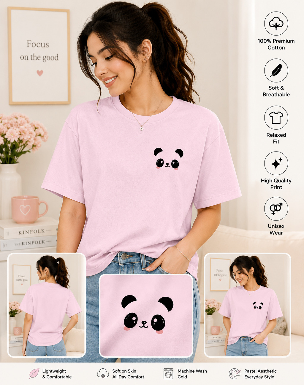 Cute Panda Minimal Graphic T-Shirt | Kawaii Aesthetic | Premium Cotton Tee | White