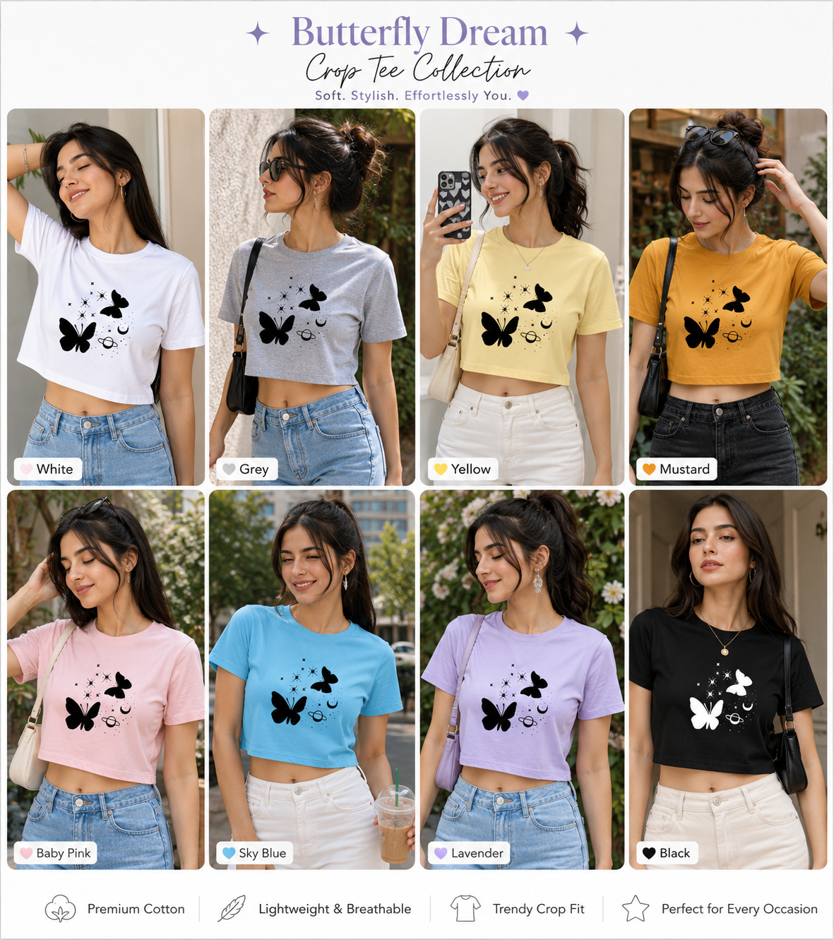 🦋 Butterfly Dream Crop Tee  Minimal Aesthetic | Soft Girl Vibes | Everyday Essential