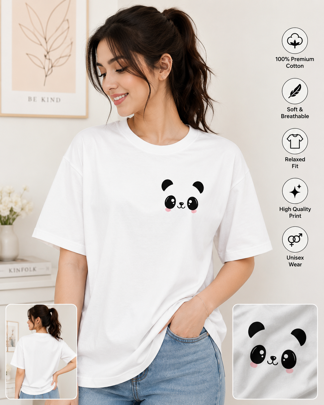 Cute Panda Minimal Graphic T-Shirt | Kawaii Aesthetic | Premium Cotton Tee | White