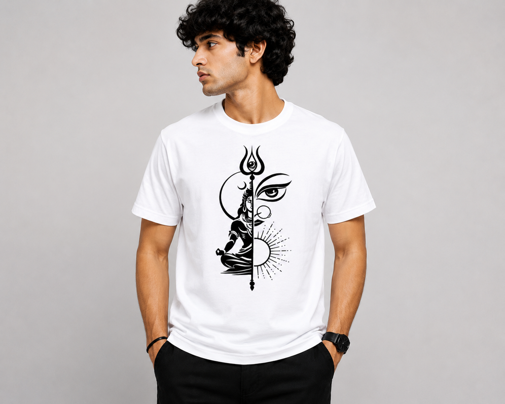 Half Shiva Minimal Graphic T-Shirt | Premium Unisex Cotton Tee | White | ShelfSmart